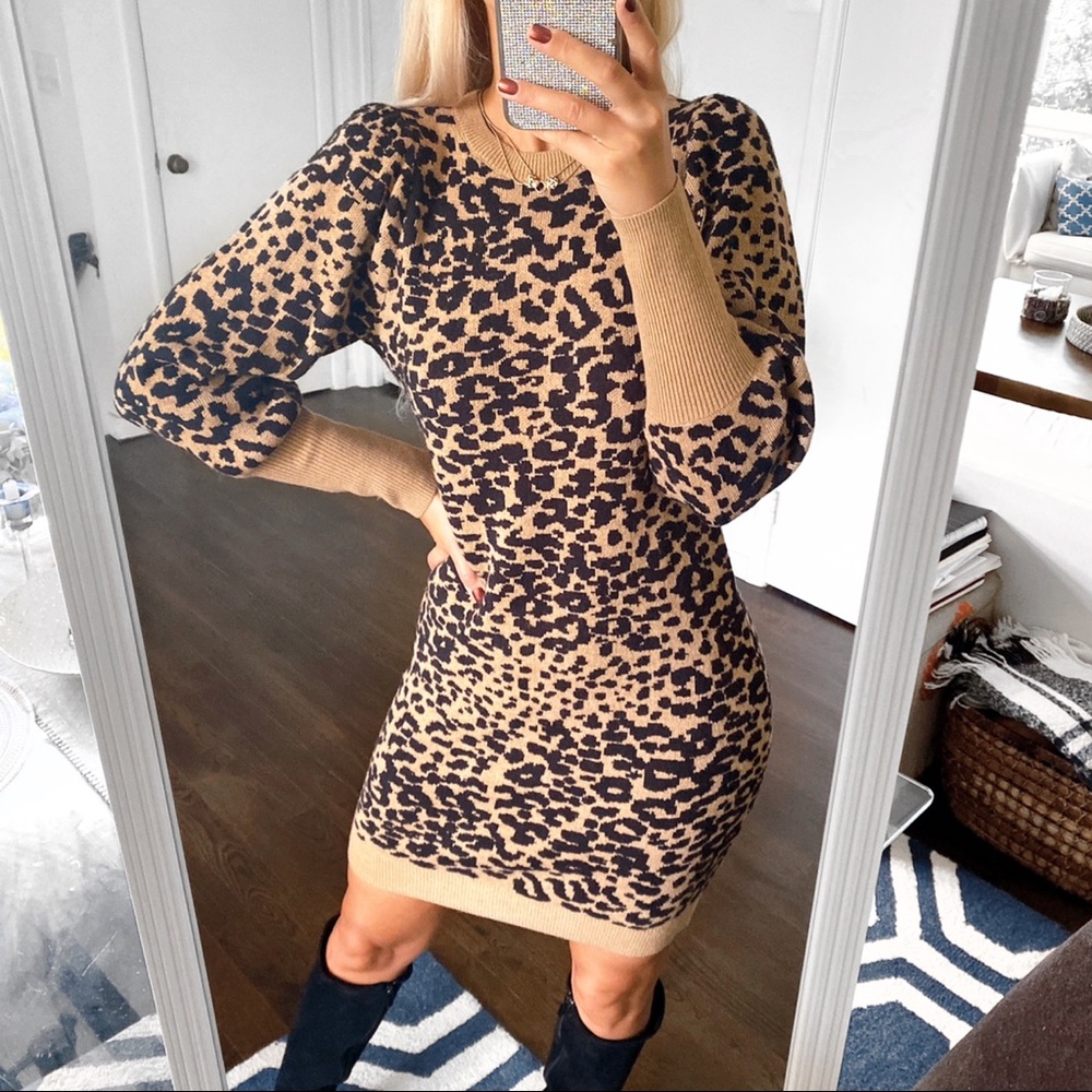 🐆 LOFT ANIMAL PRINT PUFF SLEEVE KNIT DRESS!